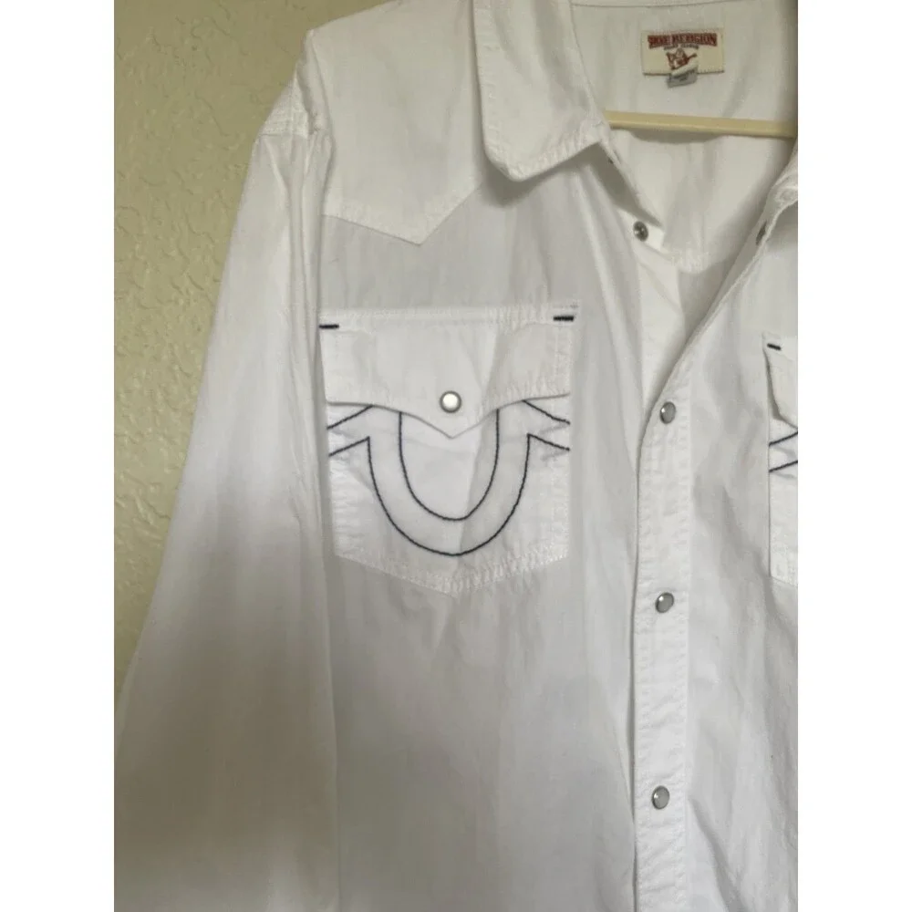 True Religion Western Shirt Mens 2XL White Pearl Snap Horseshoe Stitch Cotton